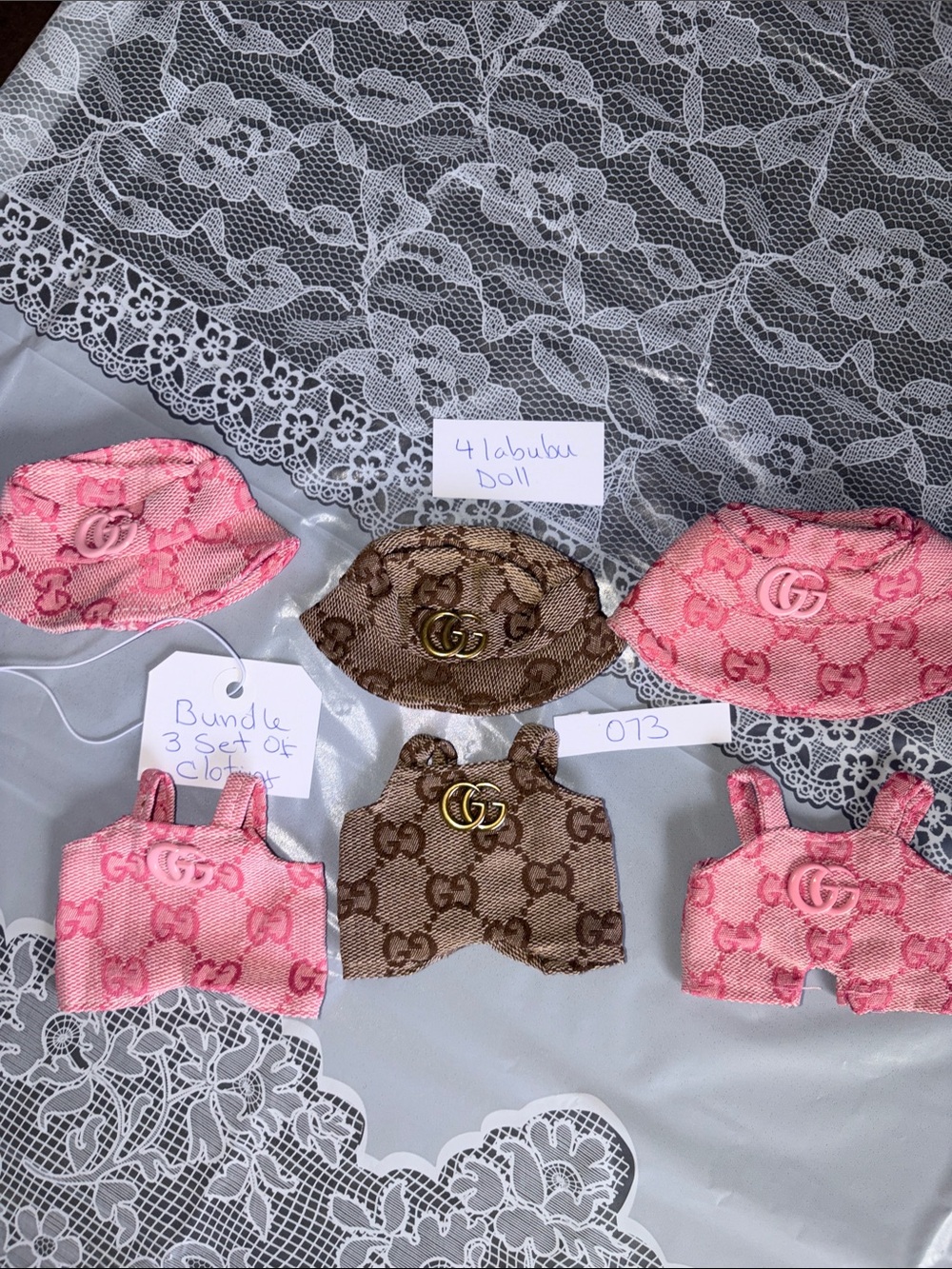 073,Bundle of 3 Set of GG Logo Pink & Brown Mini GG Doll Outfit Set 4Labubu Doll
